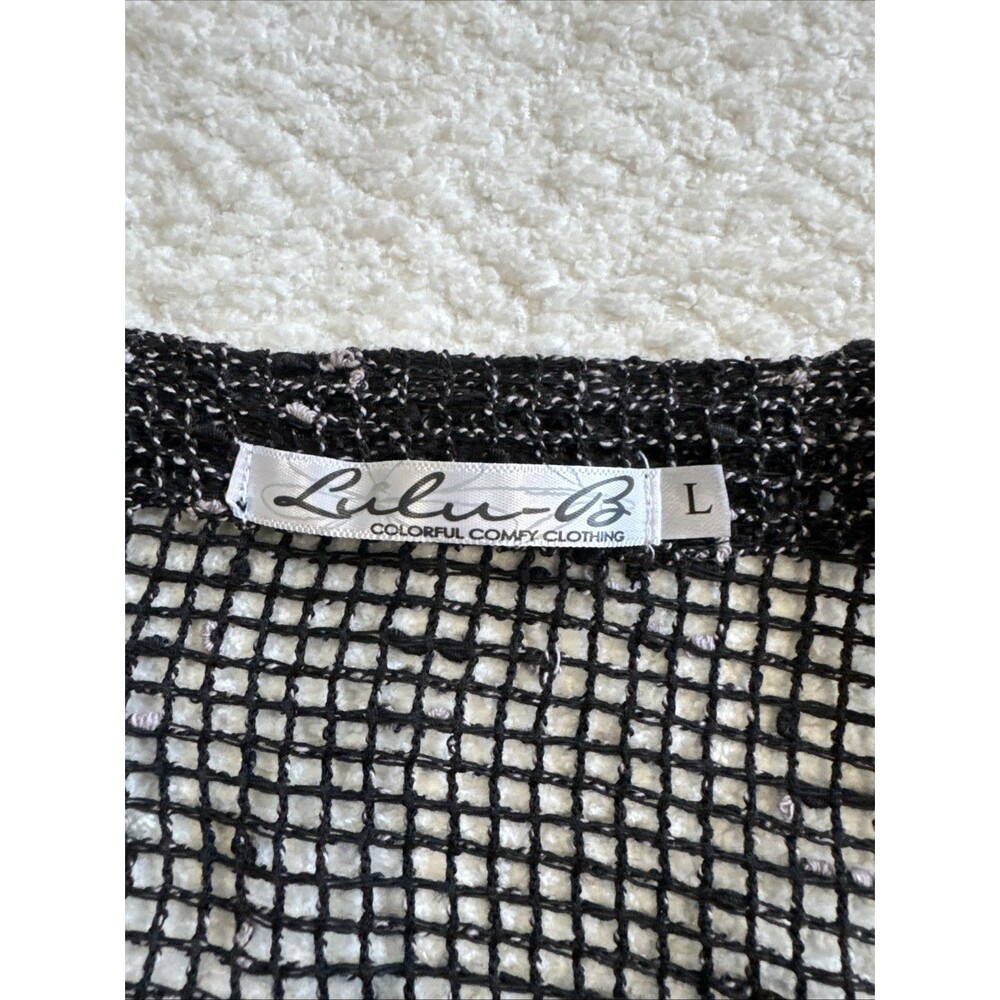 Lulu B Cardigan Mesh Black Slub Wood Button Front Sharkbite Lagenlook Sz L - Picture 5 of 8